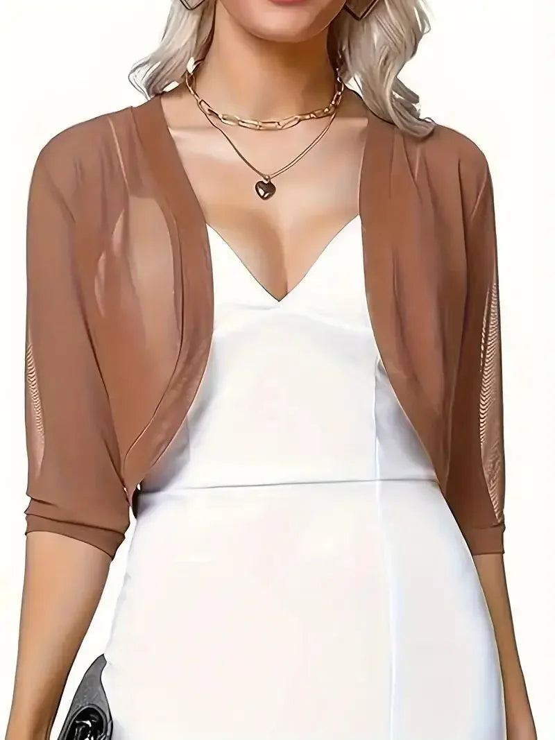 Vintage 3/4 Sleeve Mesh Shrug Bolero Cardigan Slim Cropped Tops Chiffon Ladies Black Jacket Spring Coat Casual Women Clothes