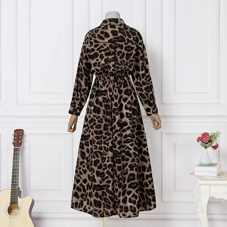 Temperament Summer Dresses for Women 2025 Fashion Leopard Print Long Sleeve Commuter Polo Large Swing long Elegant Dress Clothes