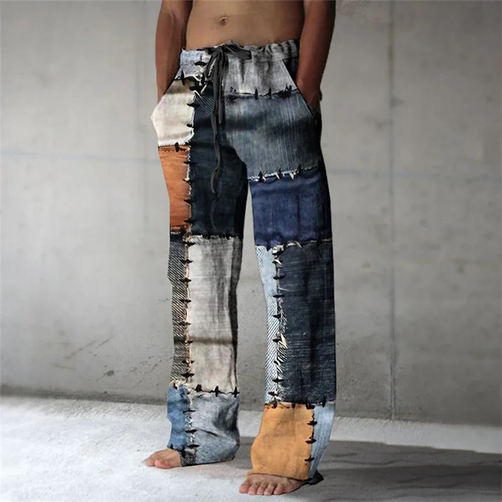 Plaid Color Block Men's Resort 3D Printed Casual Pants Trousers Elastic Waist Fit Straight-Leg Pant Summer Beach Pants 6XL