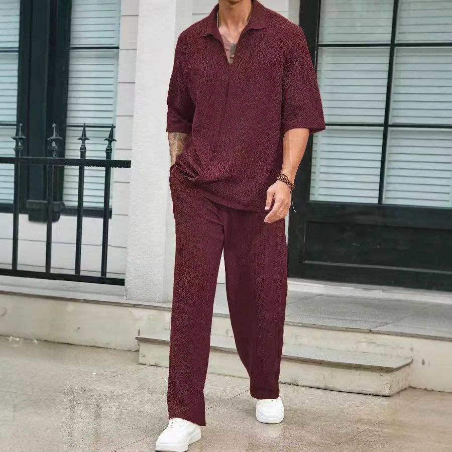 Men's Summer Fashion Loose Men Suit Solid Half Sleeved T-shirt And Pants Water Wave Wrinkles Two-piece Set For Male Outfits