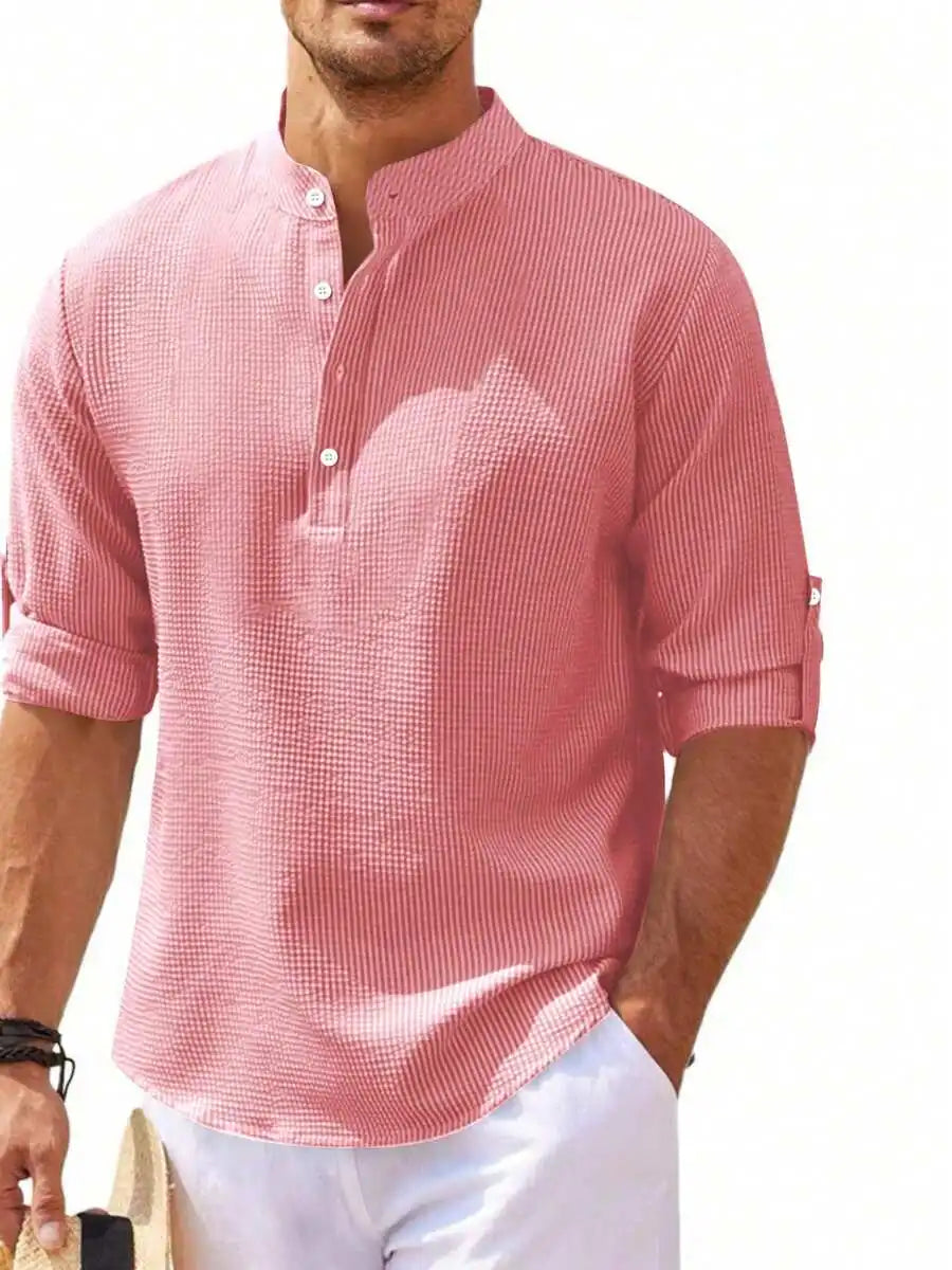 Men's Short Sleeve Henley Shirt, Striped Waffle Knit, Lightweight & Breathable for Summer Casual Wear