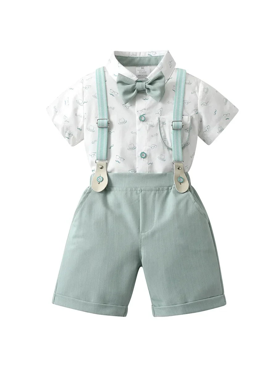 1-6Y Summer  Baby Boys Formal Costume Short Sleeve Bow Tie T-Shirt+Suspender Shorts Wedding Parties Festivals Gentleman Clothing