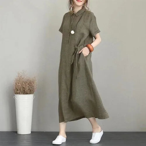 plus Size Cotton Linen Long Dr High Waist Slimming Women's Dr Summer 2023 A-Line irt Dr  Collar ort Sve