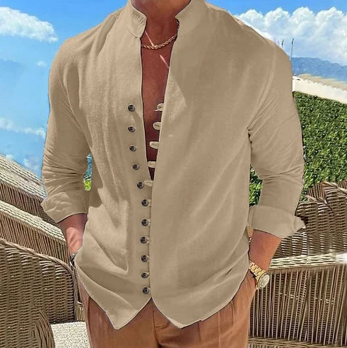 2023 New Men's Cotton Hemp Casual Loose Long Sve irt Pure Color Stand Collar Summer Faion Comfortable Clothing