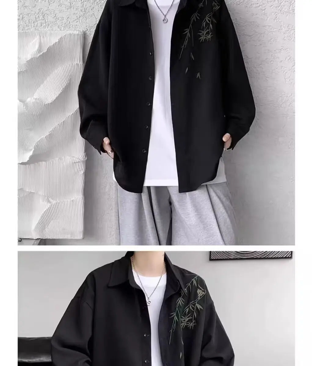 New Chinese Sle Long Sve Men's irt Embroidered Casual Thin Spring Loose Haome Cotton Flannel irt Jaet
