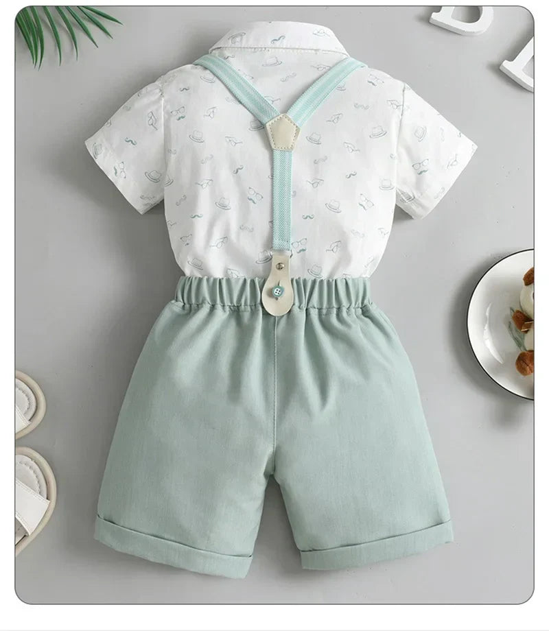 1-6Y Summer  Baby Boys Formal Costume Short Sleeve Bow Tie T-Shirt+Suspender Shorts Wedding Parties Festivals Gentleman Clothing