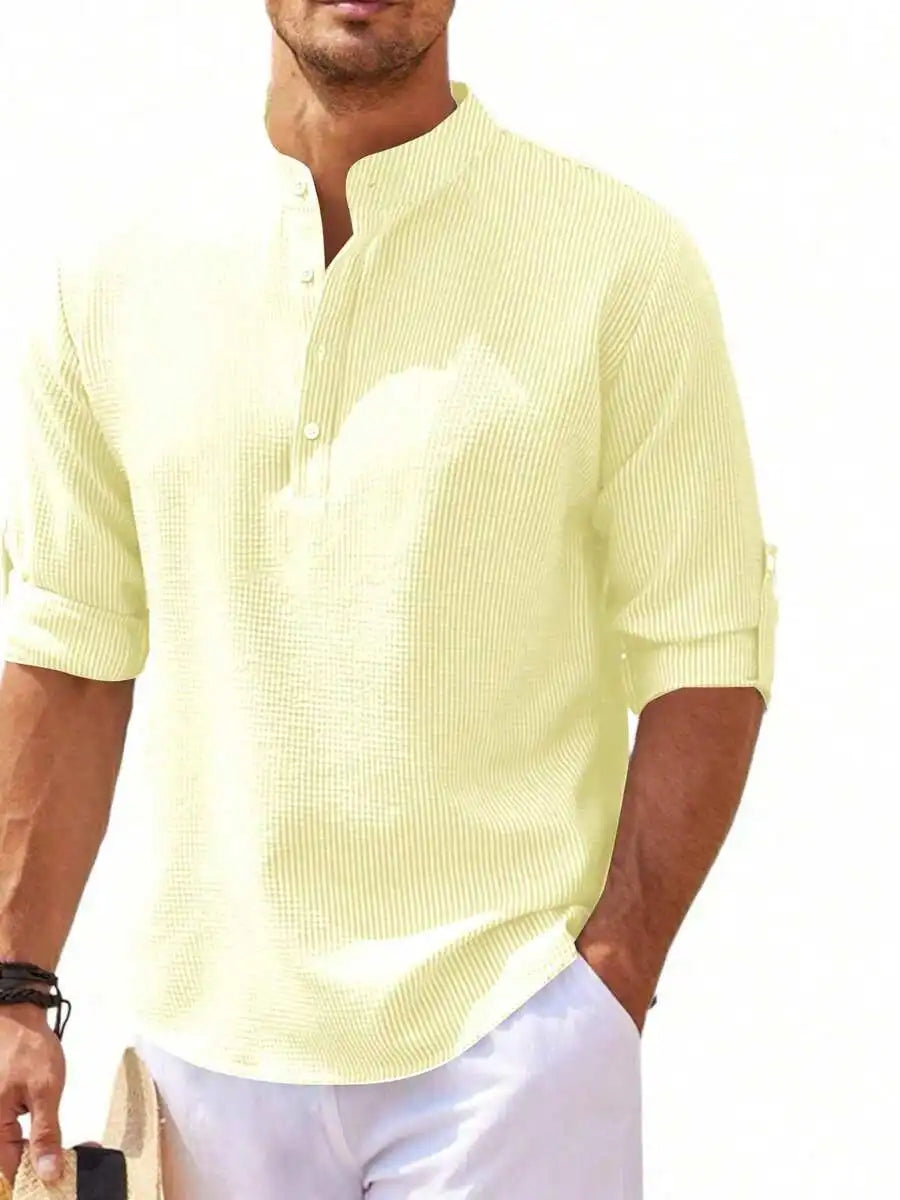 Men's Short Sleeve Henley Shirt, Striped Waffle Knit, Lightweight & Breathable for Summer Casual Wear