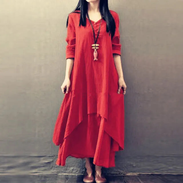 Loose Long Sve Cotton Linen Skirt Women's Artistic Sle Loose Fit Maxi Skirt Summer Casual V-ne A-line Dr