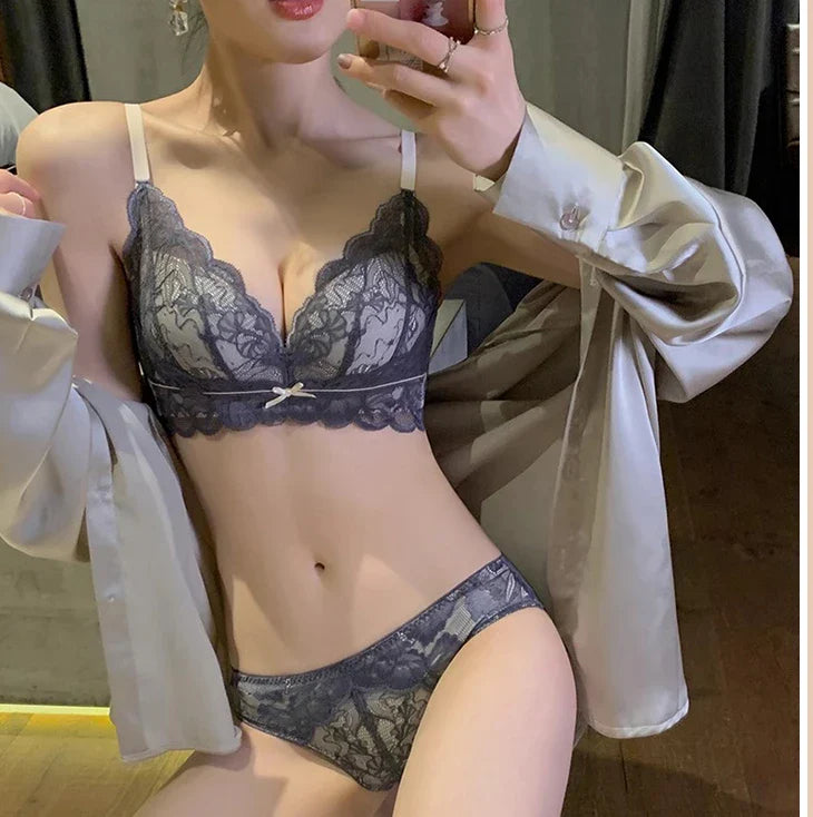 YUQI 2025 Lace Push Up Bra Set - Small Bust Anti-Sag | Autumn Winter Sexy Lingerie Wireless Comfort No Underwire Cover