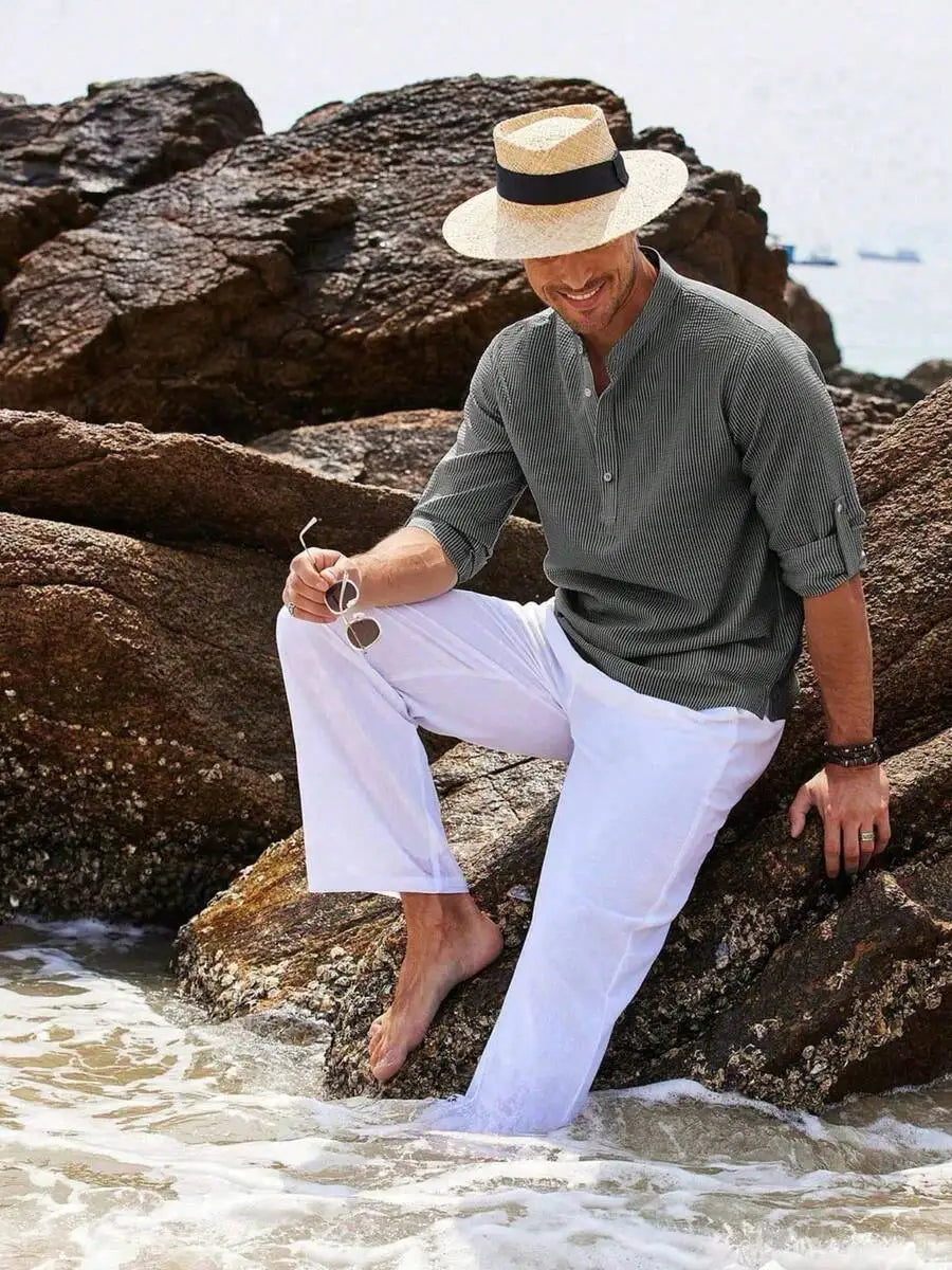 Men's Short Sleeve Henley Shirt, Striped Waffle Knit, Lightweight & Breathable for Summer Casual Wear