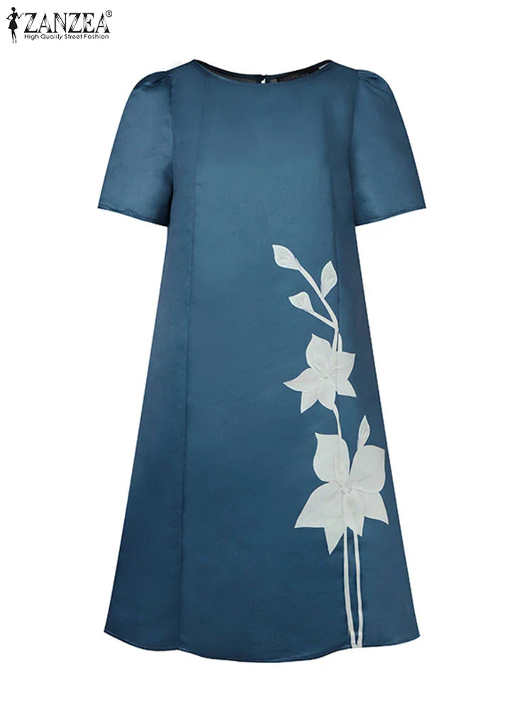 ZANZEA Korean Fashion Women A-line Robe Elegant Satin O Neck Short Sleeve Knee-length Dress Floral Printed Casual Party Vestidos