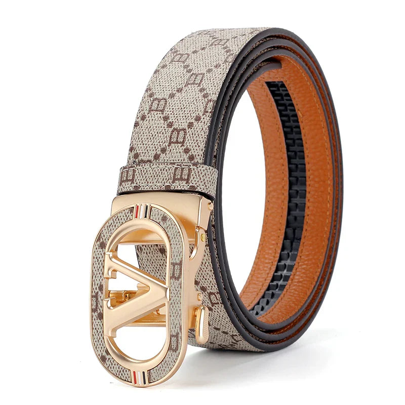 New Big "V" Automatic Buckle Men Belt, Fashionable Letter Buckle Waist Belt, Business Casual Leather Belt,Genuine Suit Belt