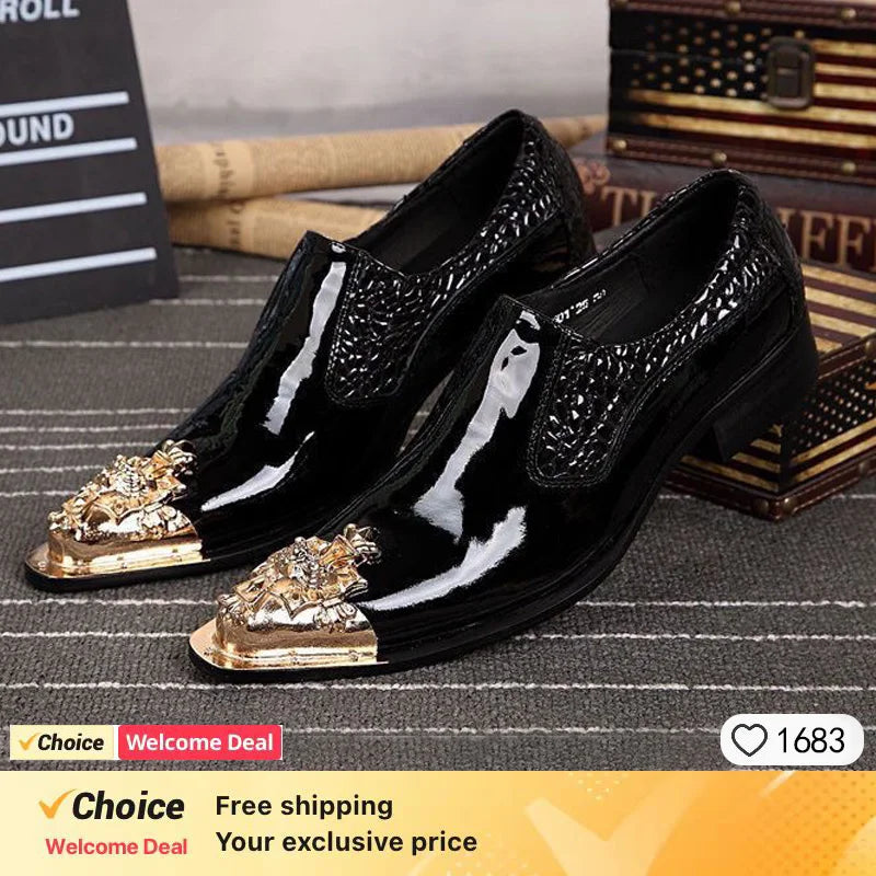 Italian men's dress shoes black metal rivet pointed men's leather business shoes, party shoes men's flat shoes