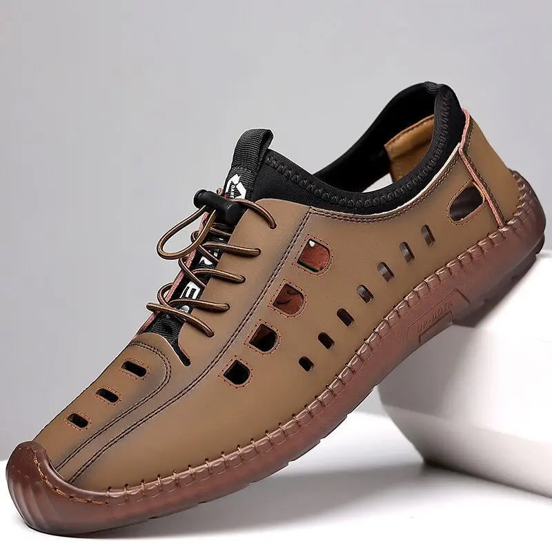 Men's Low-Top Breathable Leather Shoes Spring New Style Casual Soft Bottom Versatile Hollow out Design Comfortable All-Match