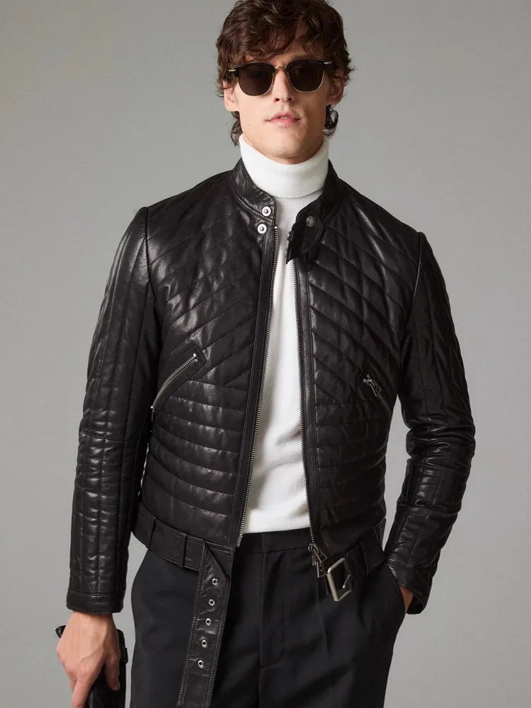 Male Genuine Leather Jacket Stand Collar Autumn Winter Zipper Slim Fit Cotton Padded Real Sheepskin Motorcycle Biker Style Coat