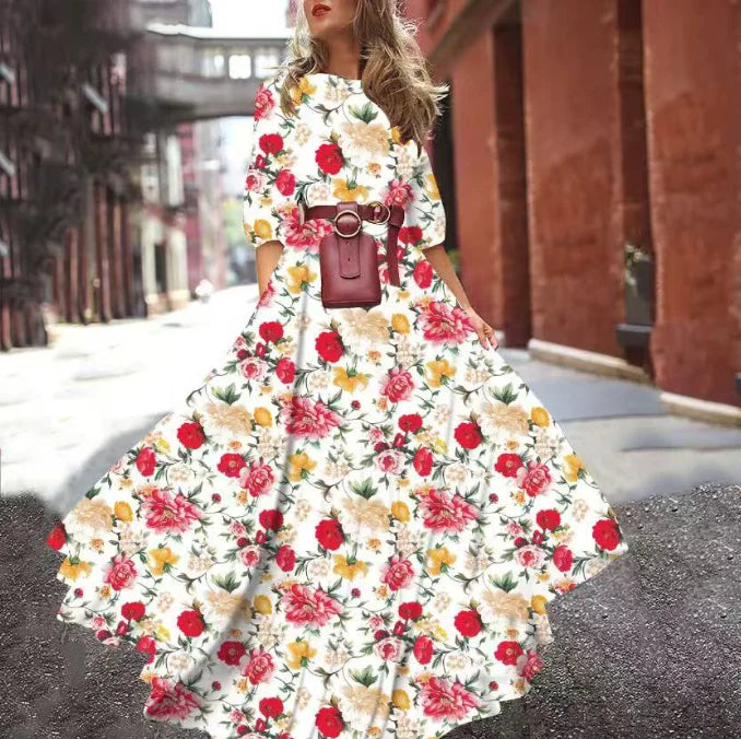 Spring Summer Vintage Flower Floral Print Maxi Dress Office Lady Fashion Elegant Long Sleeve O-neck Dresses For Women 2024
