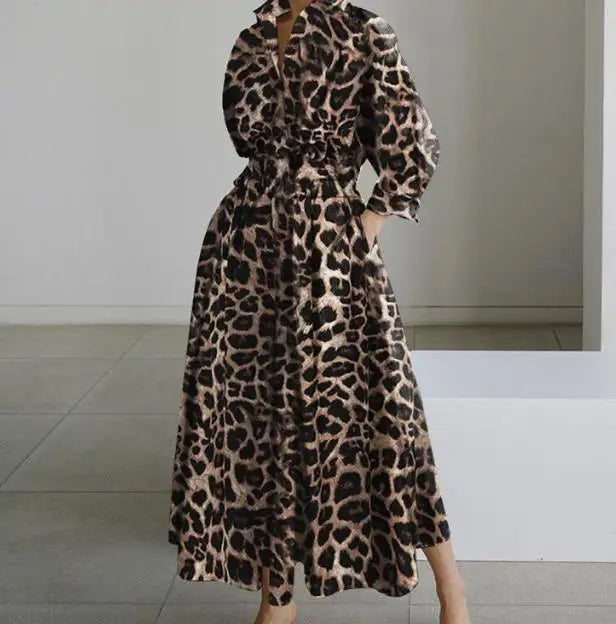 Temperament Summer Dresses for Women 2025 Fashion Leopard Print Long Sleeve Commuter Polo Large Swing long Elegant Dress Clothes