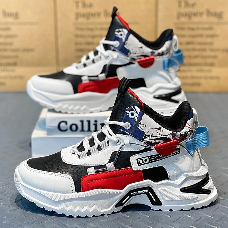 Spring Men Chunky Sneakers Trendy Fashion High-top Round Head Shoes Height Increase Color Block Casual Shoes zapatos de hombre