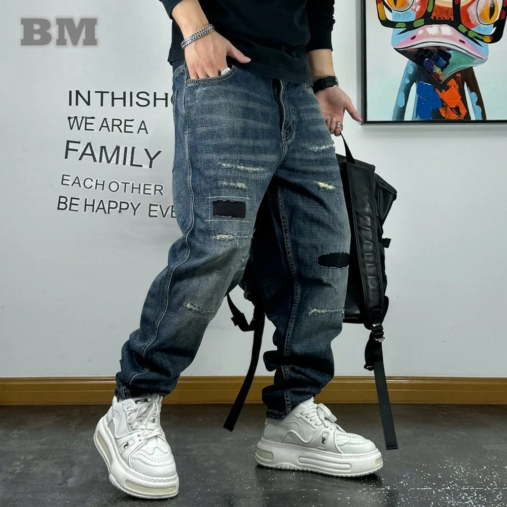 American High Quality Patch Ripped Jeans For Men Korean Fashion Denim Cargo Pants Streetwear Hip Hop Skateboard Trousers Male