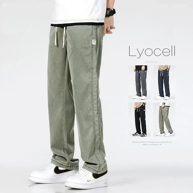 2025 Summer New Soft Lyocell Fabric Men's Jeans Thin Loose Straight Leg Pants Drawstring Elastic Waist Korean casual pants
