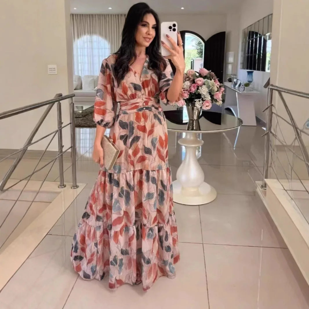 Summer Women Dresses Floral Print Ruffles Boho V-neck Short Sleeve Casual Loose Beach Dress Elegant Holiday Maxi Long Dress Robe