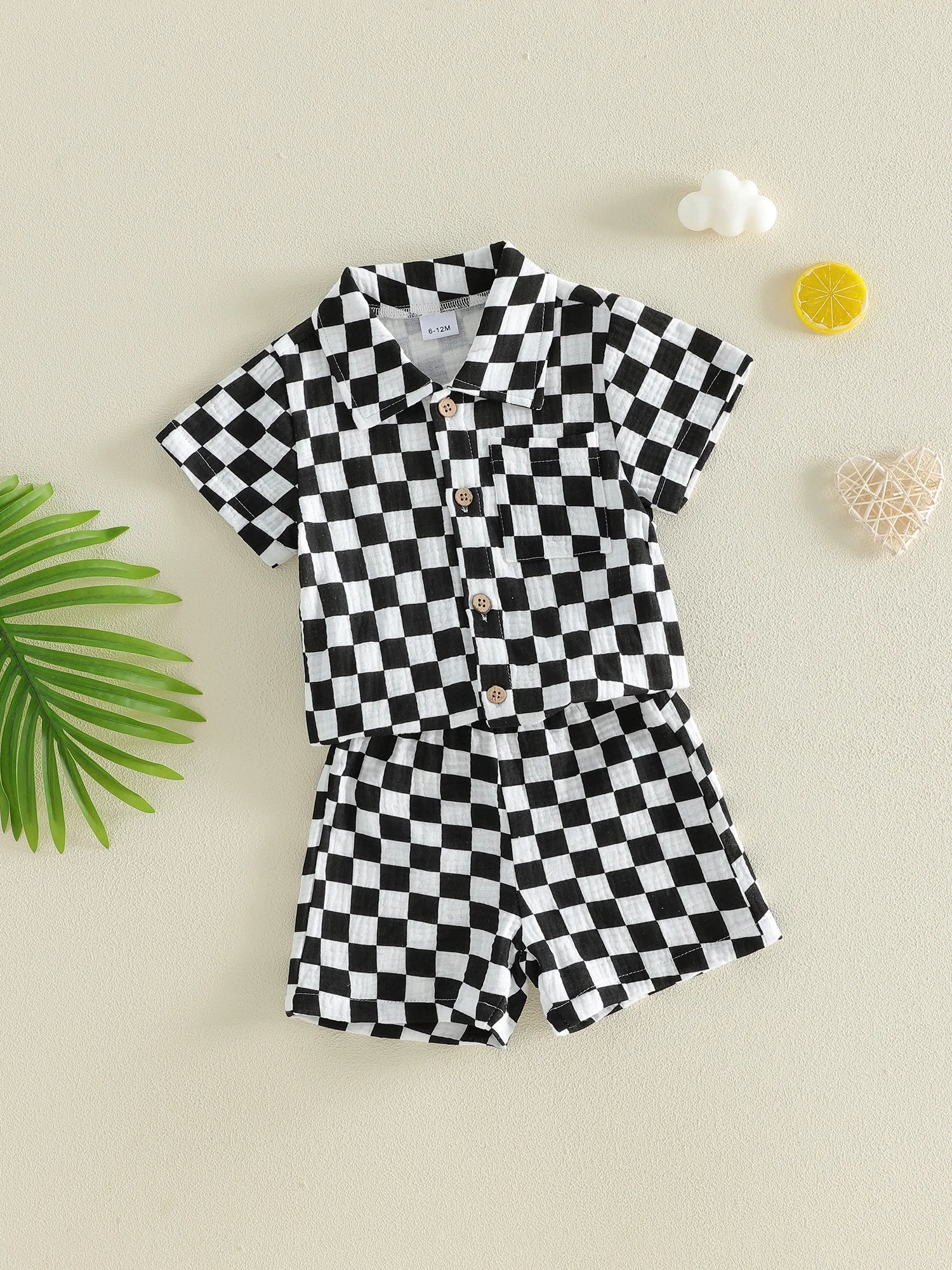Toddler Baby Boys Summer Outfit Fashionable Plaid Short Sleeve Lapel Shirt with Shorts 2Pcs Set