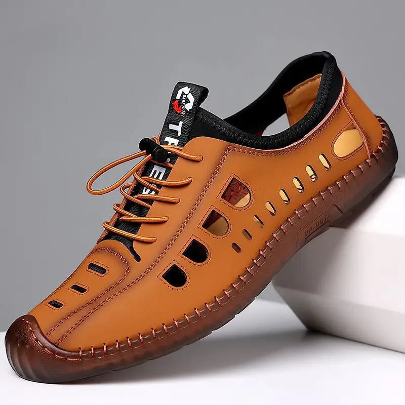 Men's Low-Top Breathable Leather Shoes Spring New Style Casual Soft Bottom Versatile Hollow out Design Comfortable All-Match