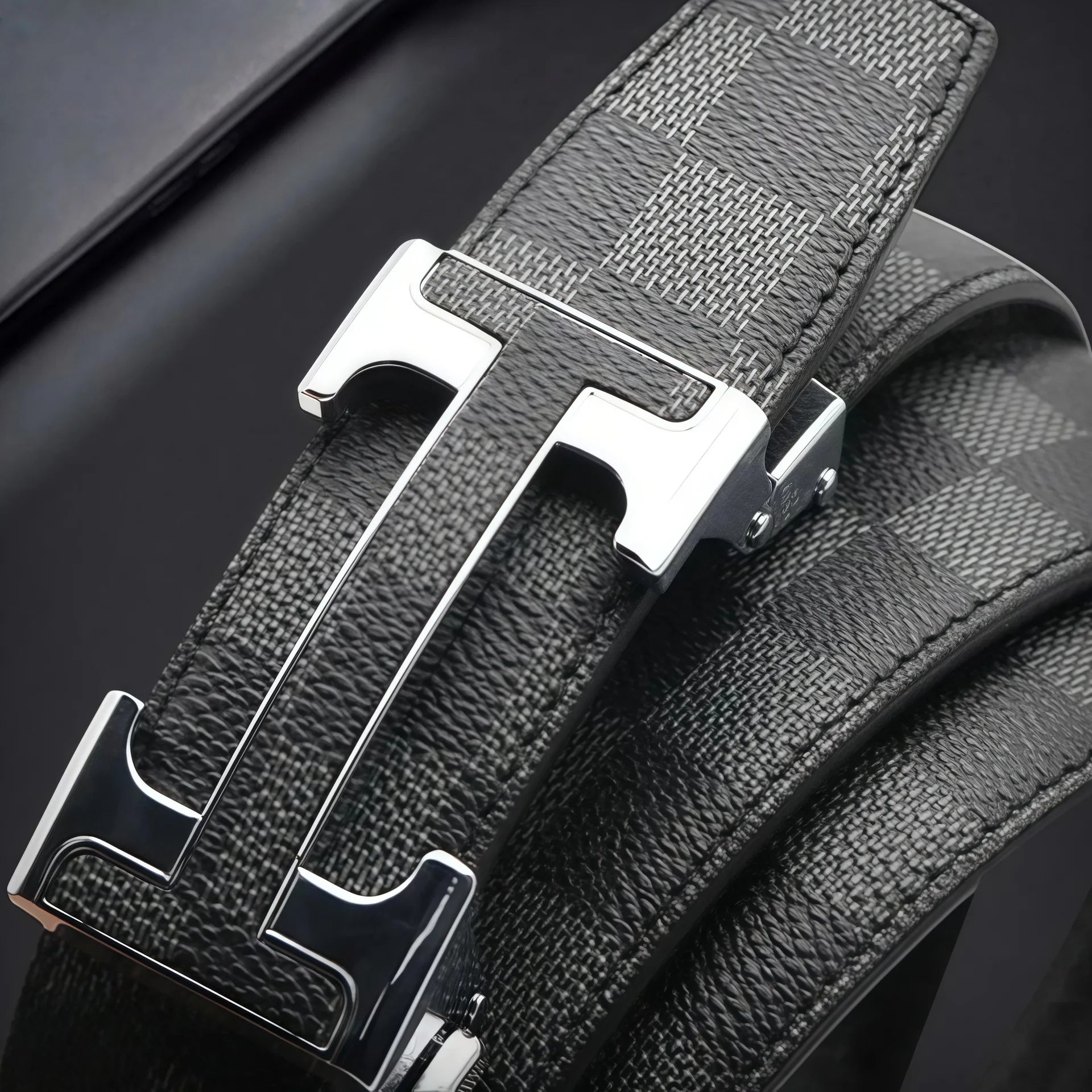Check Pattern Leather Belt Automatic Buckle Young Fashion Casual Belt Trendy Ins Top Grain Cowhide High End Business