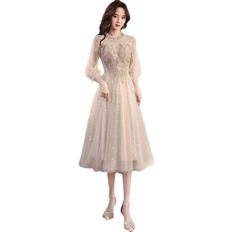 Elegant Evening Gown Mid-Length Graduation Dress O-neck Appliques Evening Dresses Simple Prom Vestidos Wedding Party Dresses