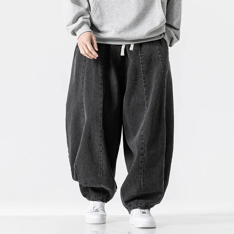 2025 New men's pants in plus size Japanese retro loose Haren straight leg pants Hong Kong style wide leg denim lantern pants