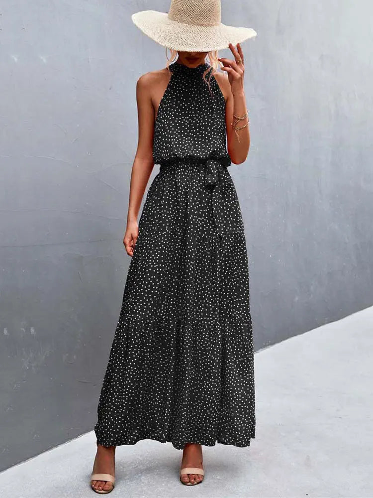 Boho Long Dress Women Flower Print Retro Party Dresses Female Shoulderless Lace Up Sleeveless Halter Summer Vintage Maxi Dress