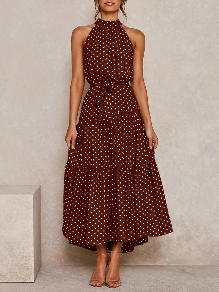 Boho Long Dress Women Flower Print Retro Party Dresses Female Shoulderless Lace Up Sleeveless Halter Summer Vintage Maxi Dress