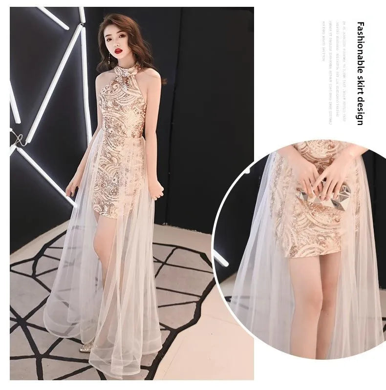 Gold ort Evening Dr Women's 2024 New Queen Aosphere Sexy Birthday Par Banquet High Waist Princ Sle Polyester Fiber