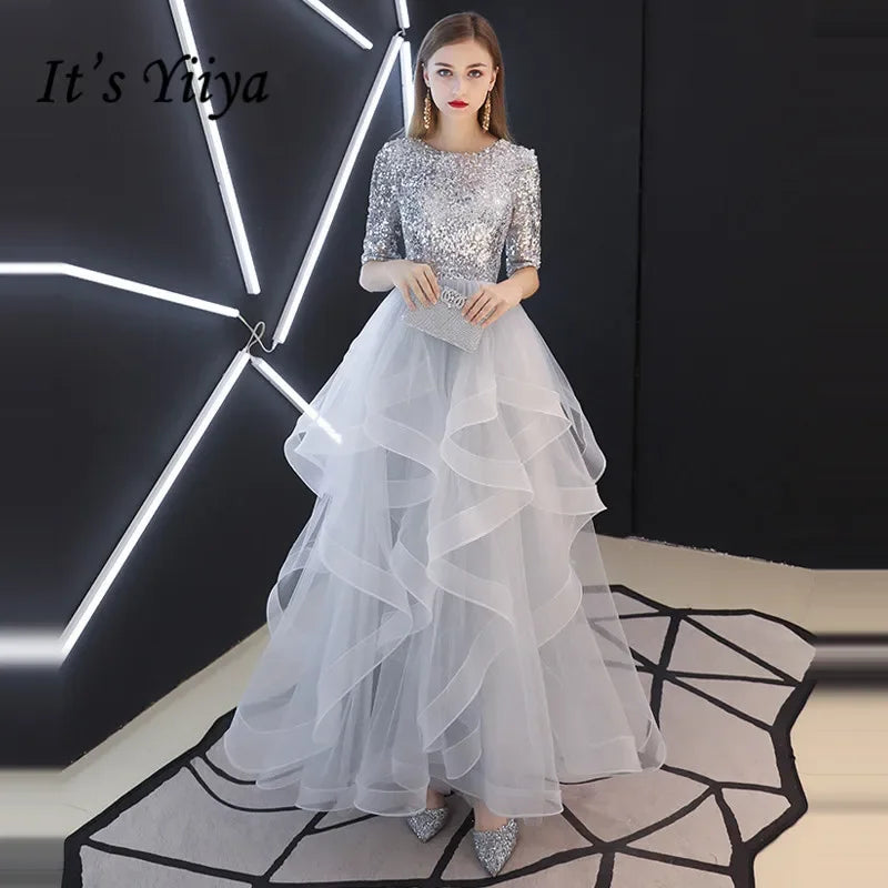 It's YiiYa Evening Dresses Gray Sequins Half Sleeve Tiered Hems Floor-length Fromal Plus size Party Gowns LX1398 robe de soiree