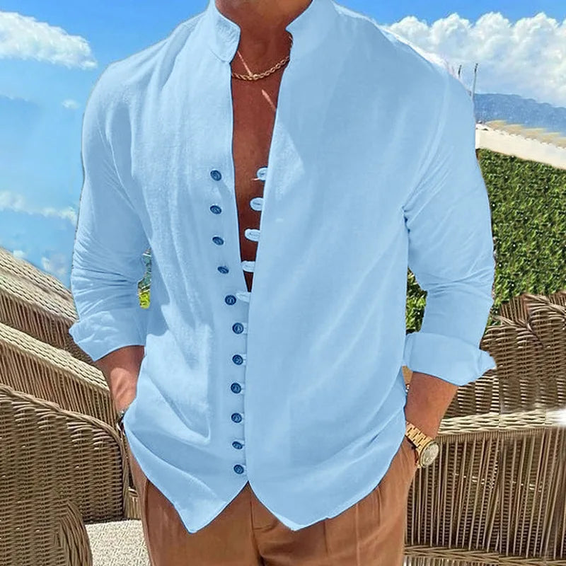 2023 New Men's Cotton Hemp Casual Loose Long Sve irt Pure Color Stand Collar Summer Faion Comfortable Clothing