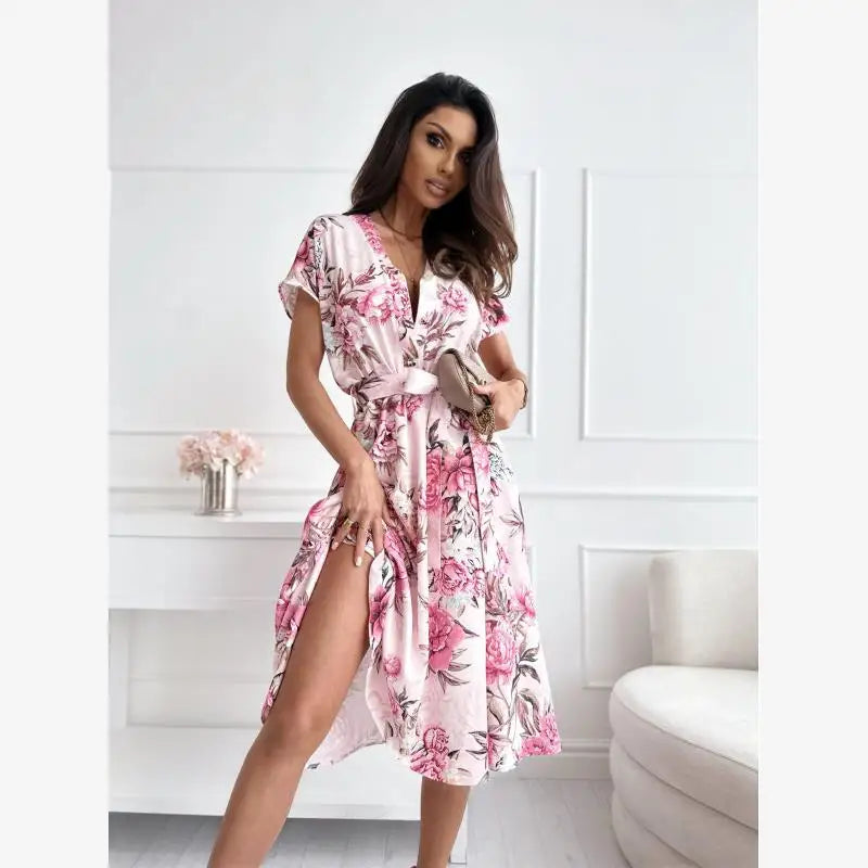 Summer New Women's Loose Slimming Midi Dr ort Sve Ele Lady Sle Floral Print Gown with  Knot