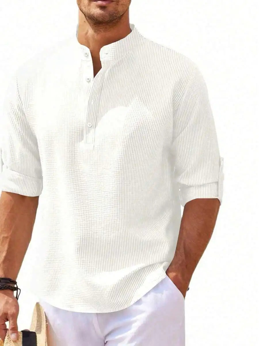Men's Short Sleeve Henley Shirt, Striped Waffle Knit, Lightweight & Breathable for Summer Casual Wear