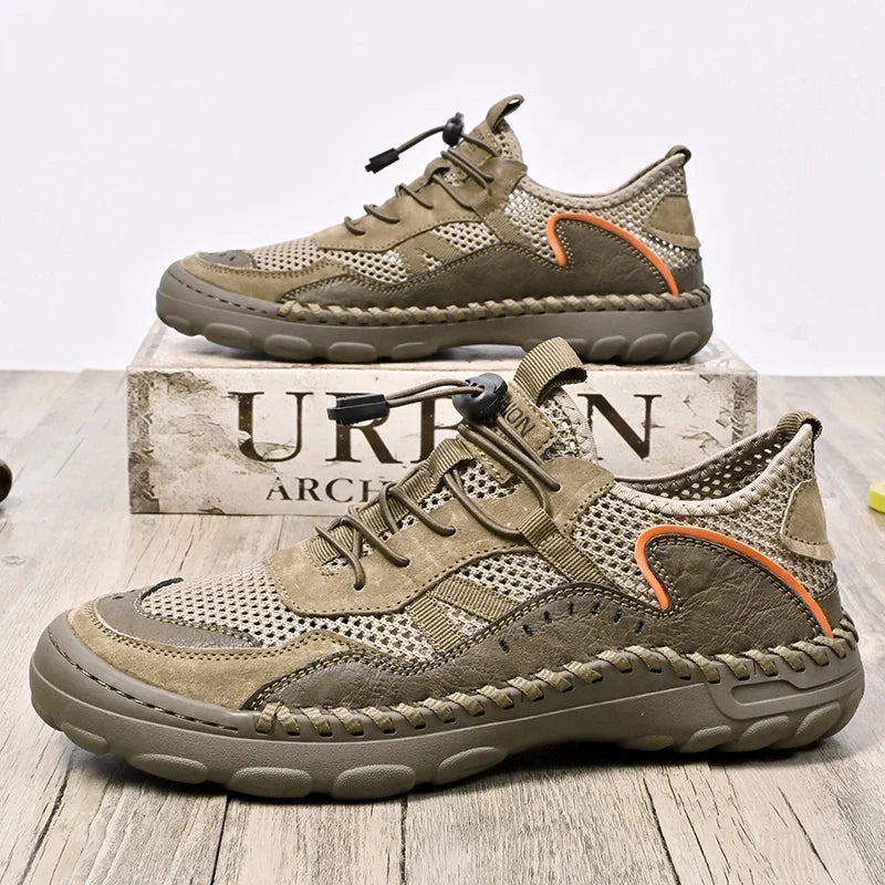 New Summer Genuine Leather Breathable Leather Sandals for Men, Mesh Sports Shoes, Non-Slip Mesh Shoes, Hiking Men's Casual Shoes