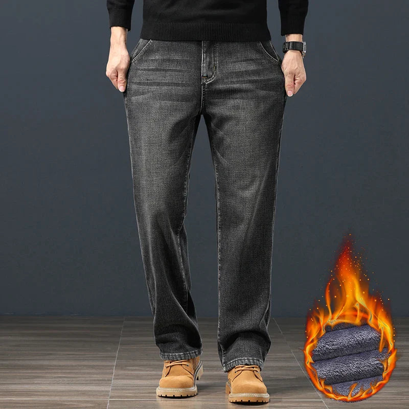 Winter Fleece Men Jeans Classic Loose Straight Warm Thicken Trousers Business Casual Velvet Elastic Denim Pants Plus Size 42 44