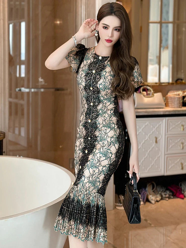 Elegant Birthday Party Dresses Women's Retro Lace Bubble Sleeve Single Breasted Pleated Skinny Fishtail Robe  Runway Vestido