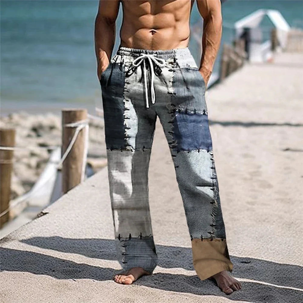 Plaid Color Block Men's Resort 3D Printed Casual Pants Trousers Elastic Waist Fit Straight-Leg Pant Summer Beach Pants 6XL