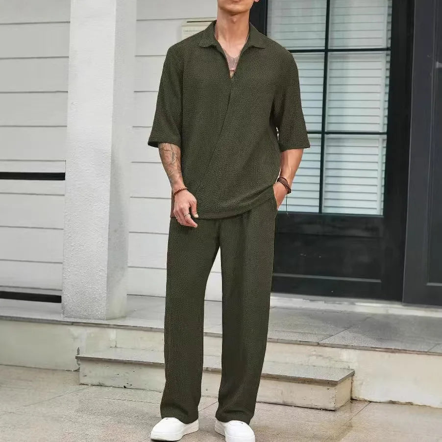 Men's Summer Fashion Loose Men Suit Solid Half Sleeved T-shirt And Pants Water Wave Wrinkles Two-piece Set For Male Outfits
