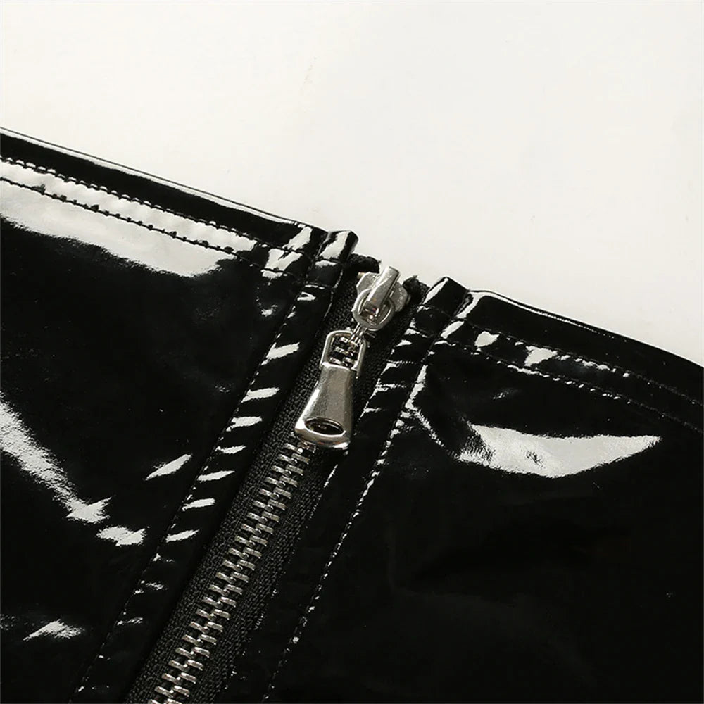 Women's Sexy Pu Crop Vest Black Leather PVC Shiny Zipper Navel Bandeau Bra Tube Bandage Bralet Crop Tank Top Bralette Bustier