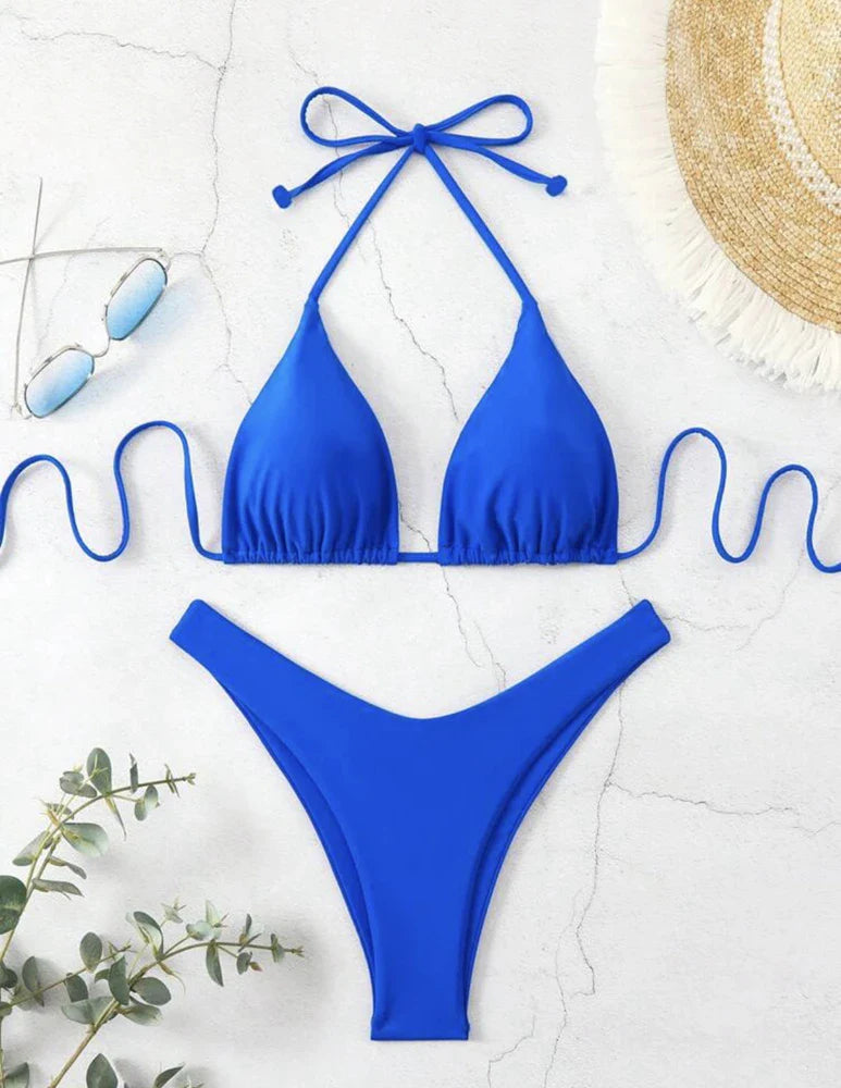 Women Thong Bikini Sexy Solid White/Black/Coffee Halter Swimsuit Lace Up Brazilian Bathing Suit 2025 New Double Fabric Beachwear