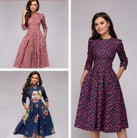 Retro Floral Print A- Line Dress Midi Length Three-Quarter Sleeve round Neck Party Dress Sweet Fresh Style Urban Fashion