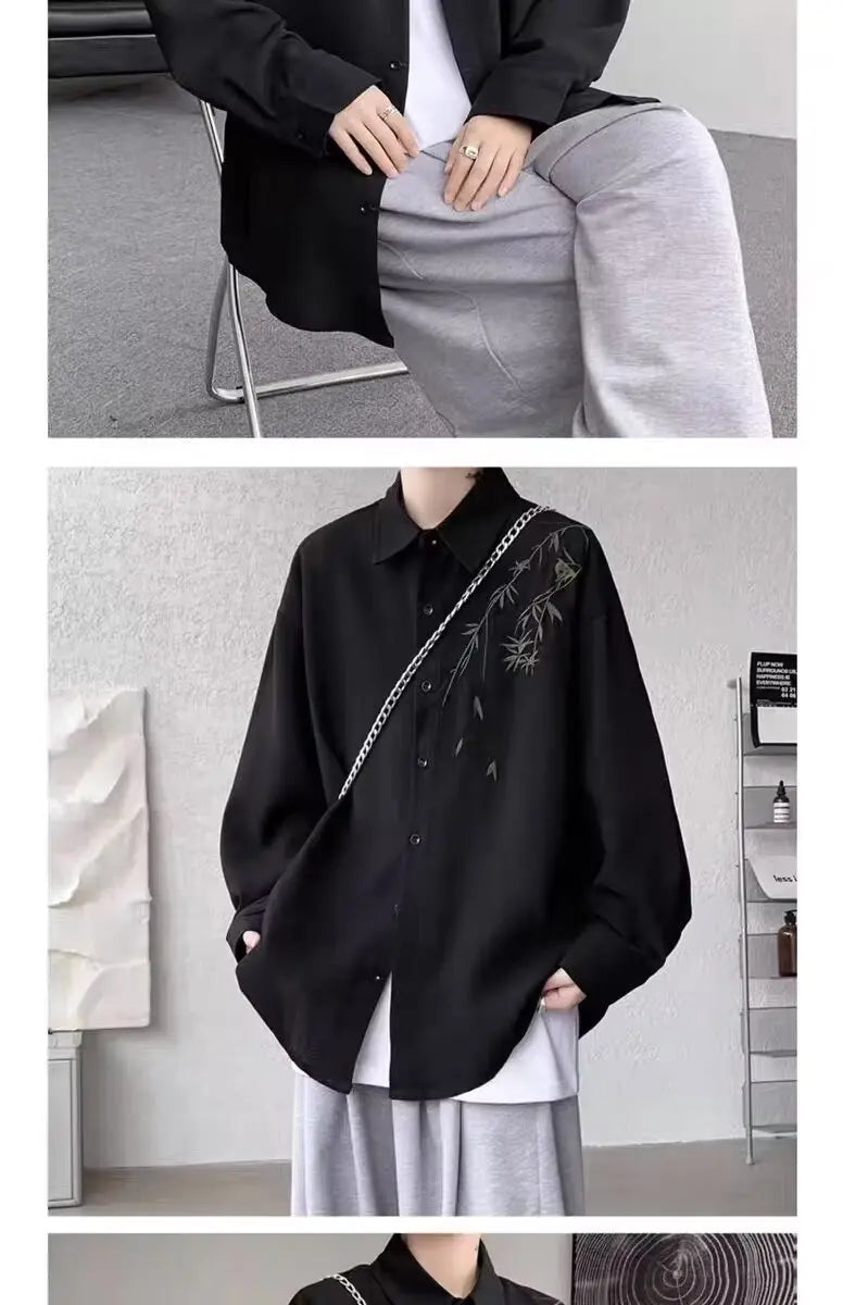 New Chinese Sle Long Sve Men's irt Embroidered Casual Thin Spring Loose Haome Cotton Flannel irt Jaet
