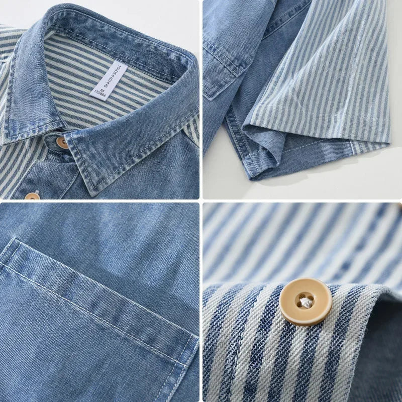 Summer New Short Sleeve Denim Shirt Men High Street Jean Tops Stripe Patchwork Designer Shirts Youth Korean Fashion Men Clothing