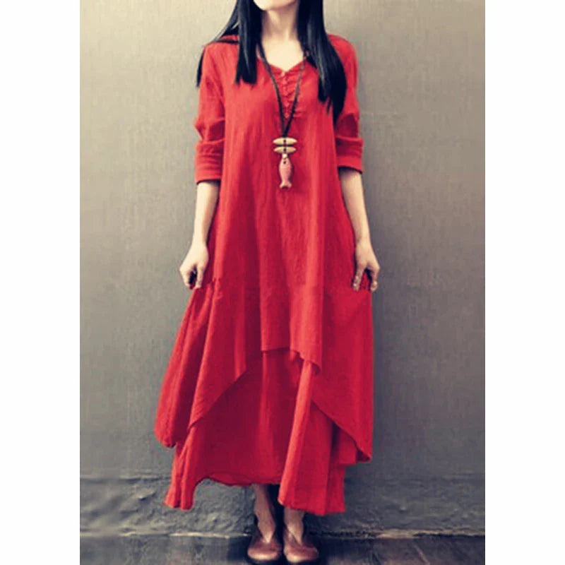 Women Elegant Linen Ginger Dresses Bohemia Layering Vintage Robe Long Sleeve Loose Long Dress Female Autumn Vestidos