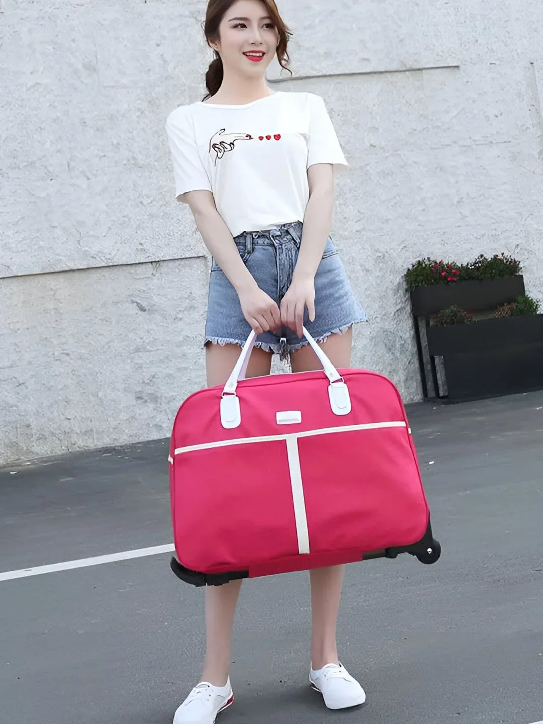 Large Capaci Travel Bag Women's Lightweight Pull Bag Portable ort Trip Hand Lage Bag with Wheels Faionable Ox Cloth