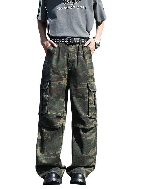 Cleanfit Camouflage Jeans Men's Retro American Workwear Loose Straight Casual Long Trousers Summer Trend Youth Active Sle